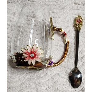 BEAUTIFUL Glass Tea Cup  w/ENAMEL FLORAL Adorned Design & Matching SPOON